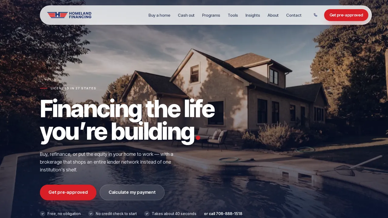 Homepage of the Homeland Financing mortgage website built by Xperience Levels