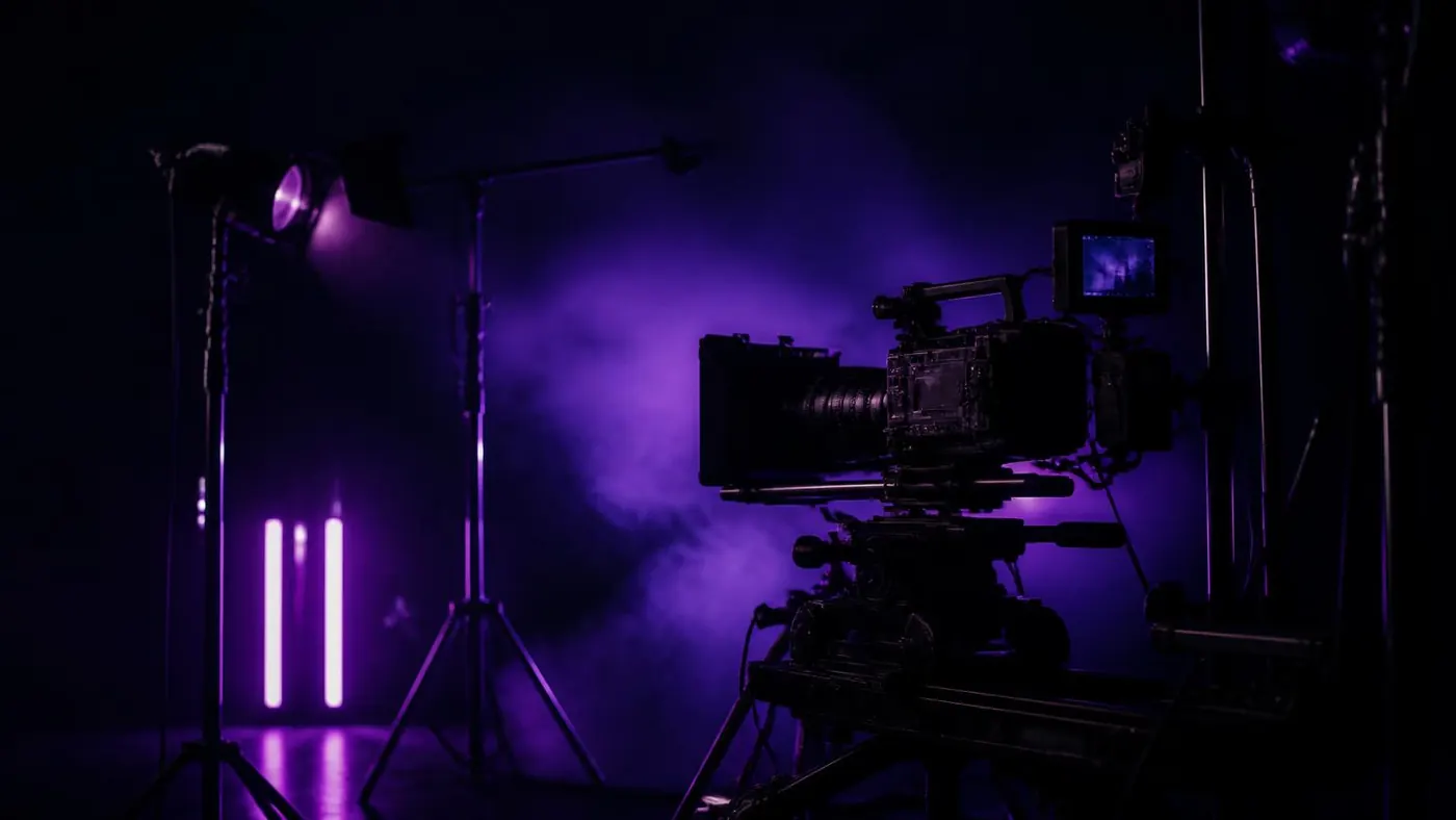Cinema camera and lighting rig on a dark film set lit in violet