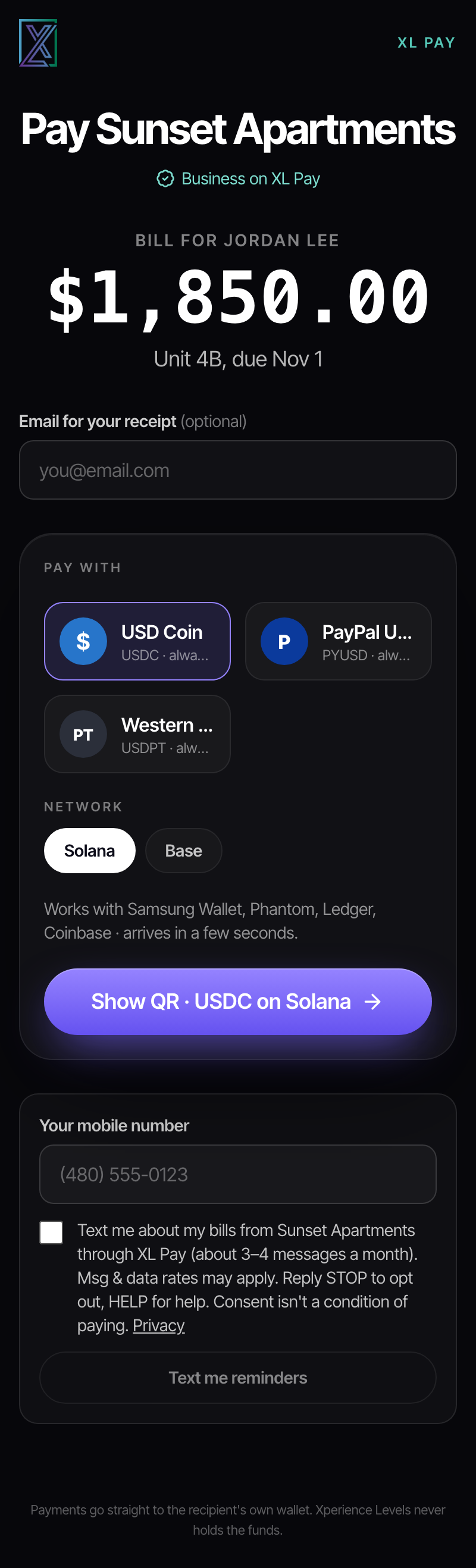 Full XL Pay bill pay page for a sample tenant, with the text opt-in form under the payment options